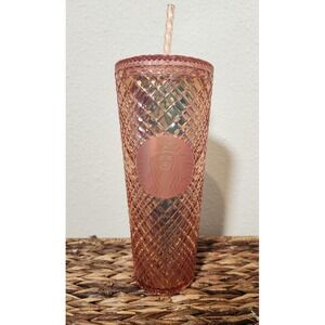 Starbucks Tumbler Cold Cup Rose Gold Pink‎ Studded 24 oz Venti Diamond Jeweled